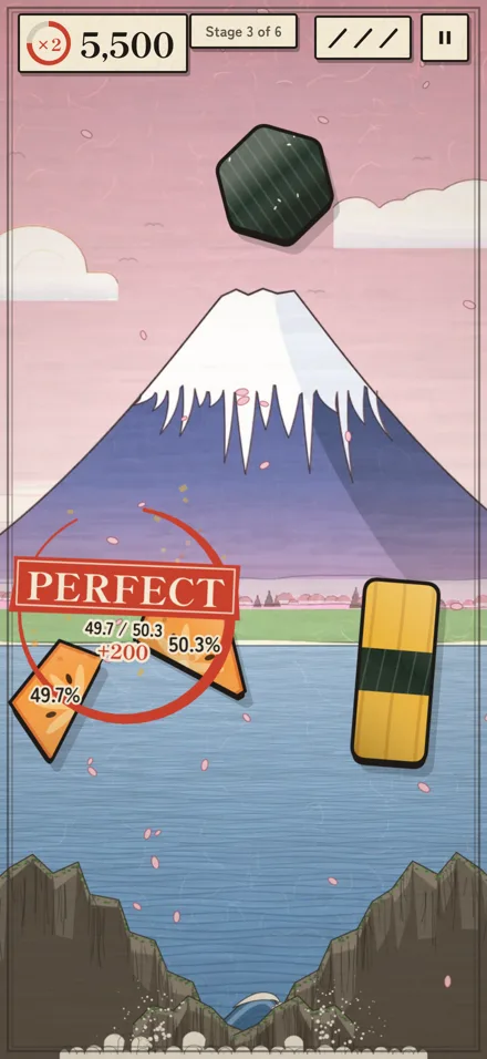 Woodblock theme: cutting a piece in front of a snow-capped mountain