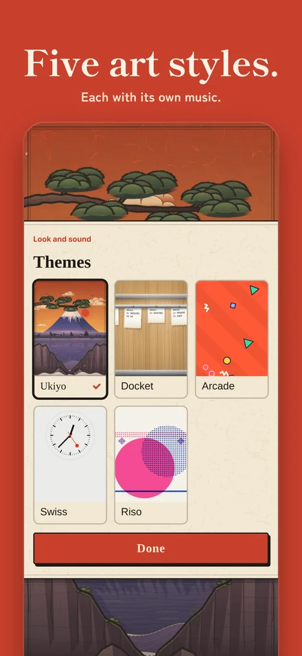 The Themes screen: Ukiyo, Docket, Arcade, Swiss and Riso